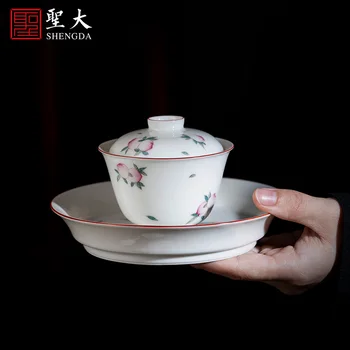 |viršelis dubenėlį, rankomis dažyti Ding krosnies balti milteliai spalva senas persikų modelis ruošimas dubenį visi vadovas Jingdezhen arbatos rinkinys